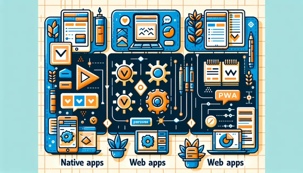 Ilustração comparativa de app nativo, PWA e web app para negócios