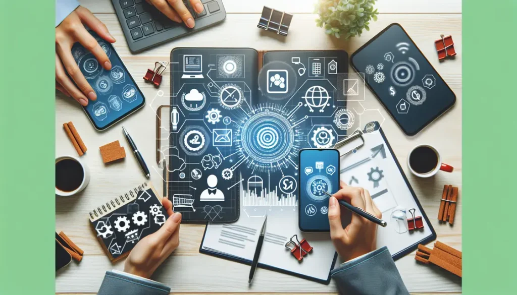 Imagem de um smartphone com vários ícones de aplicativos abertos, representando integração omnichannel