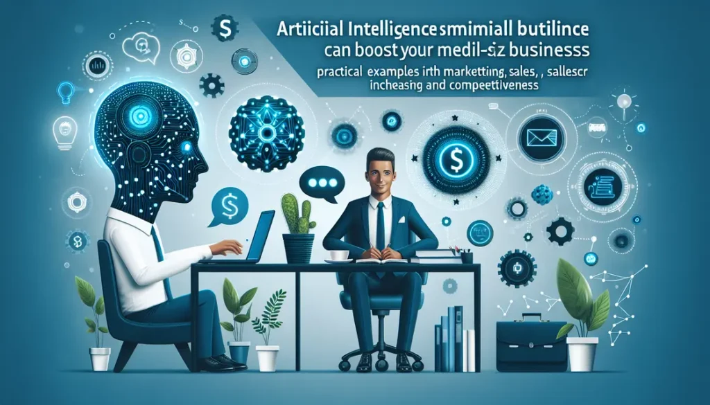 Ilustração de como a inteligência artificial pode ser aplicada em PMEs para melhorar marketing, vendas e atendimento