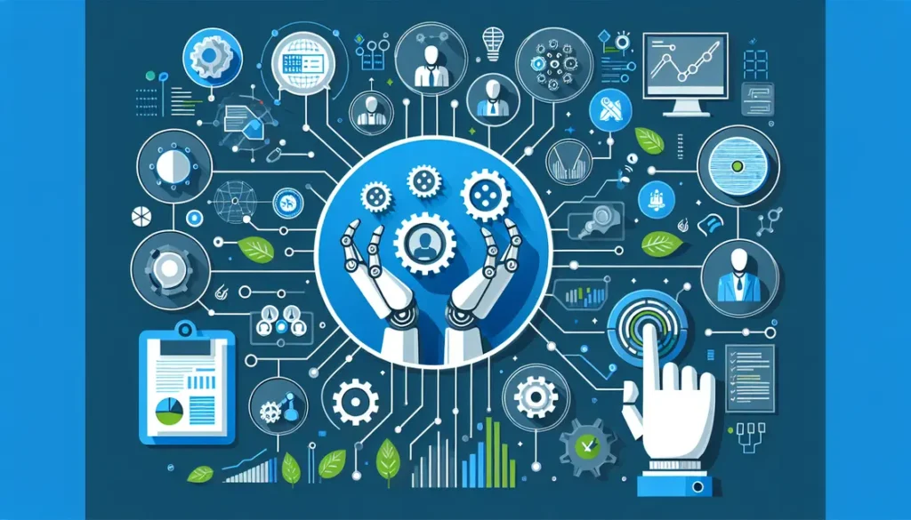 Imagem de automação de processos com RPA, mostrando um robô trabalhando em um ambiente de escritório