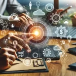 Ilustração de uma tela de computador com ícones de serviços digitais, representando a transformação digital no setor de serviços.