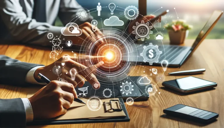 Ilustração de uma tela de computador com ícones de serviços digitais, representando a transformação digital no setor de serviços.