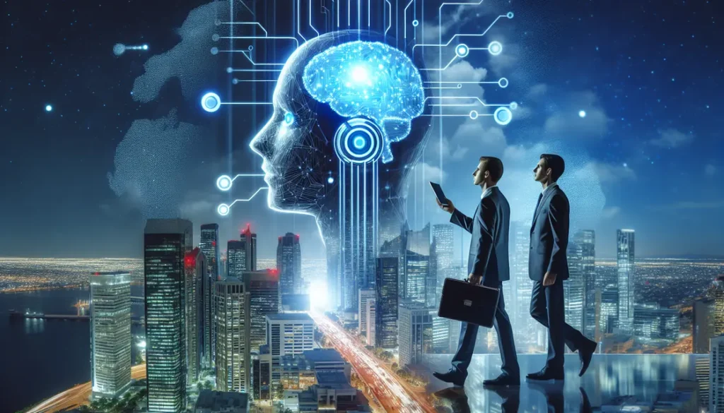 Imagem de robô ou sistema de inteligência artificial trabalhando em escritório moderno
