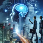 Imagem de robô ou sistema de inteligência artificial trabalhando em escritório moderno